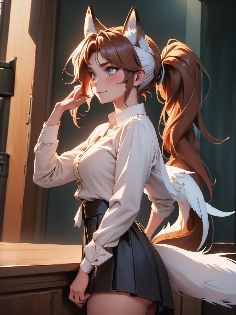 female fennek, with short brown and semi-copper hair, golden eyes, white skin, white angel wings, with three fennek fox tails, wearing a white long-sleeved button-down shirt, with a long black skirt, with an evil and happy expression, medium-sized fennek ears
