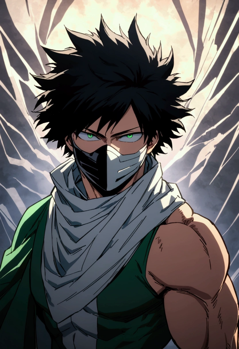  He is a 1 teenager, He has slightly disheveled very black hair..., somewhat light green eyes, , muscular body , sexy face, He is dressed in the anime male "my hero academia", detailed face, bright green eyes and withe his costume hero with dark eksoskeleton and hard mask only cover mouth and nose.