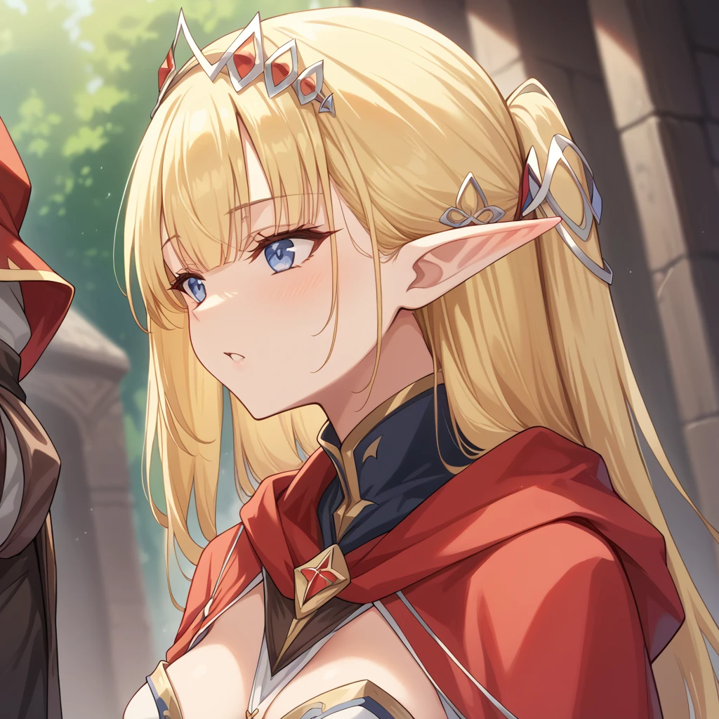 ((Best Quality)), ((masterpiece)), (detailed), （Perfect Face）、The woman is Seras Ashlain, a blonde elf wearing a red hooded robe and a member of a sorcery cult.