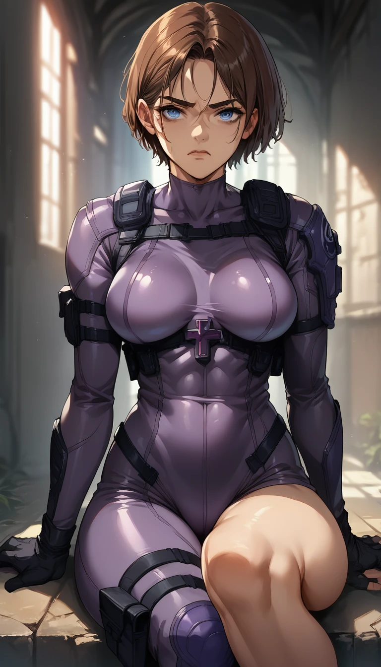 Best quality, masterpiece, brown hair, short hair, blue eyes,perfect body, sensual body, (sitting cross legs), in a abandoned mansion, (wearing: purple tactical combat bodysuit) open bodysuit, (Face expression: arrogant), cowboy shot