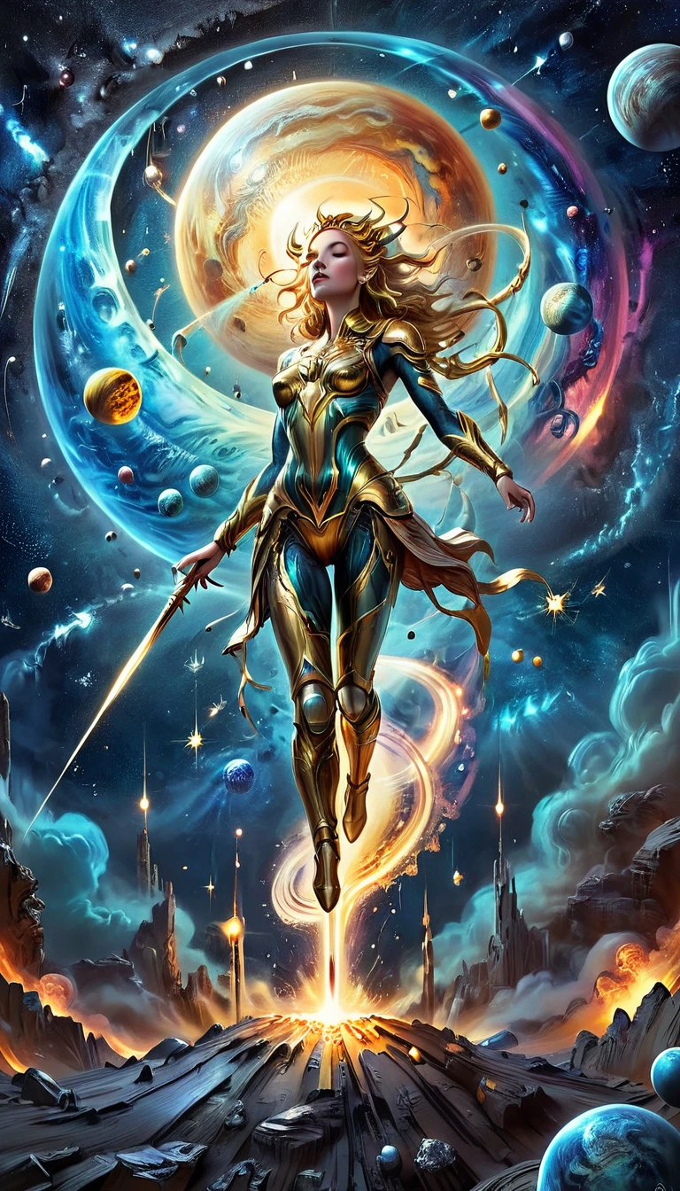 High quality. 4k, many details. Distant view. Makeup. Masterpiece, accurate, detailed background, better quality, original work. full body, expanded galaxy background, night scenery, bending planets, many planets. shooting stars, transparently goddess hand, floating pose, amazing deep view, colliding planets, holding a golden spear. Celestial Goddess power, burning planets