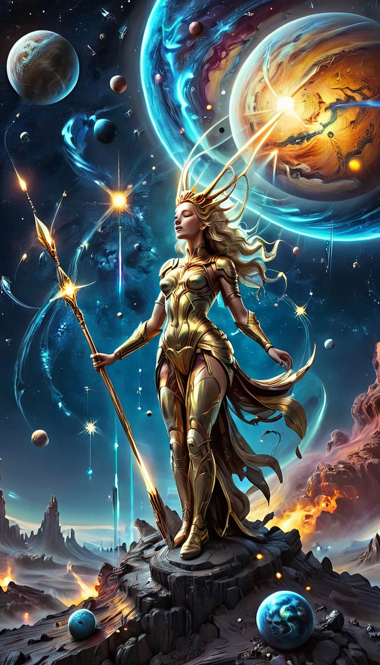 High quality. 4k, many details. Distant view. Makeup. Masterpiece, accurate, detailed background, better quality, original work. full body, expanded galaxy background, night scenery, bending planets, many planets. shooting stars, transparently goddess hand, floating pose, amazing deep view, colliding planets, holding a golden spear. Celestial Goddess power, burning planets