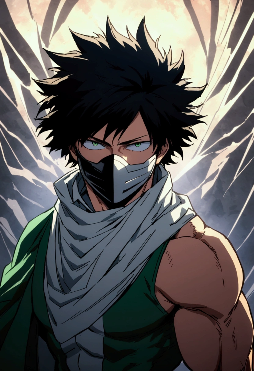  He is a 1 teenager, He has slightly disheveled very black hair..., somewhat light green eyes, , muscular body , sexy face, He is dressed in the anime male "my hero academia", detailed face, bright green eyes and withe his costume with black Long cuffs, and covered with thin armor on the shoulders, elastic pants but made of iron, with black cuffs of course, with simple black boot, and hard mask only cover mouth and nose. Full body