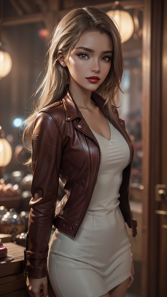 photo of beautiful (je4nw4tt5), (extremely detailed CG unity 8k wallpaper), professional majestic photography, (Sony a00 Mirrorless Camera), 24mm, exposure blend, hdr, faded, extremely intricate, High (Detail:1.1), Sharp focus, dramatic, soft cinematic light, 4k textures, soft cinematic light, adobe lightroom, photolab, elegant, ((((cinematic look)))), soothing tones, insane details, hyperdetailed, low contrast,  red leather jacket, standing in a turkish marketplace, perfect make-up, (matte red lipstick:1.1),