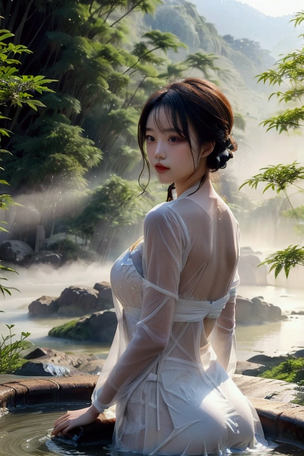 Silhouette of a young woman taking a bath, with a river flowing through a quiet valley, bamboo forests and mist rising into the sky as the background.