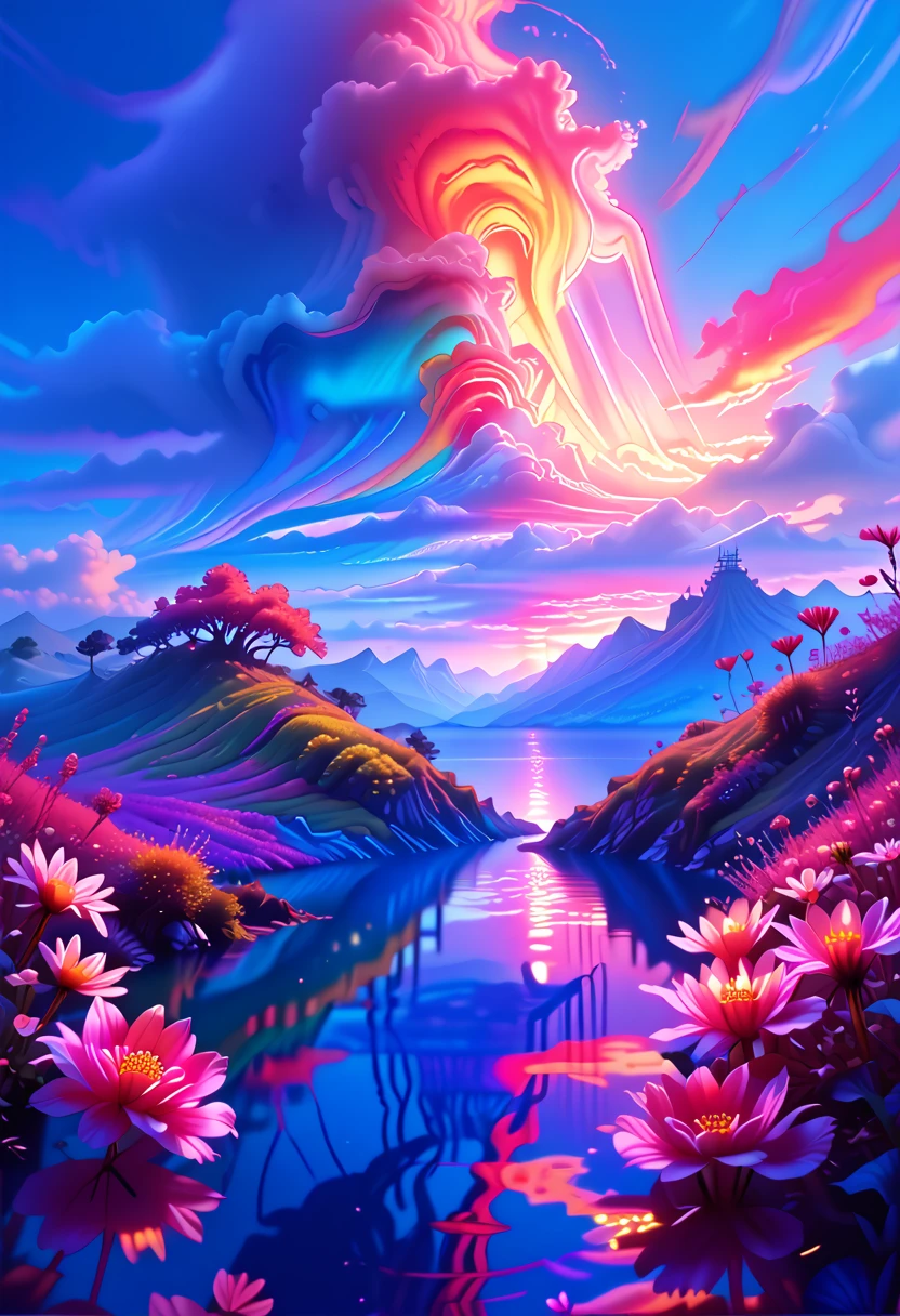 There's a beautiful sunset, The hillside is covered with flowers and plants, flowers are close, Colorful sky, Surreal colors, Colorful sunsets, Colorful sky, wonderful reflection of the sky, amazing sky, fantastic 8K atmosphere, Multicolored clouds, reflection of color on the lake, Surreal sky, red and blue reflection, Reflection of fire, beautiful sky, Beautiful and breathtaking twilight, Beautiful dream landscape, amazing sky