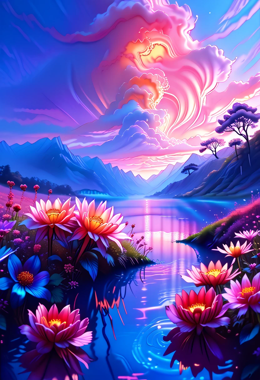 There's a beautiful sunset, The hillside is covered with flowers and plants, flowers are close, Colorful sky, Surreal colors, Colorful sunsets, Colorful sky, wonderful reflection of the sky, amazing sky, fantastic 8K atmosphere, Multicolored clouds, reflection of color on the lake, Surreal sky, red and blue reflection, Reflection of fire, beautiful sky, Beautiful and breathtaking twilight, Beautiful dream landscape, amazing sky