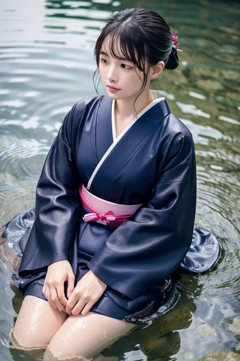 1 person、real、hakama、japanese、kimono、women、long-sleeved kimono、long hakama、clothes that stick to the skin、wet textured clothes、w...