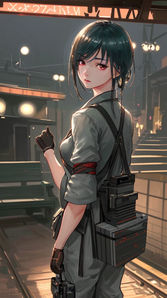 A highly detailed, photorealistic photograph of a Japanese soldier waiting on a wooden train platform, seen from the back, (best quality,4k,8k,highres,masterpiece:1.2),ultra-detailed,(realistic,photorealistic,photo-realistic:1.37),HDR,UHD,studio lighting,ultra-fine painting,sharp focus,physically-based rendering,extreme detail description,professional,vivid colors,bokeh,portrait,photography,cinematic lighting,warm color tone