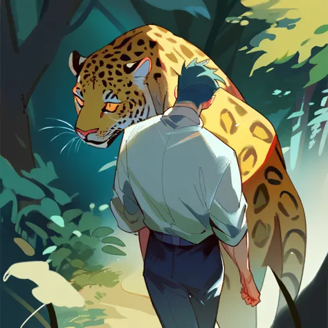 a man from the waist down jaguar with short hair slicked back walking in the forest