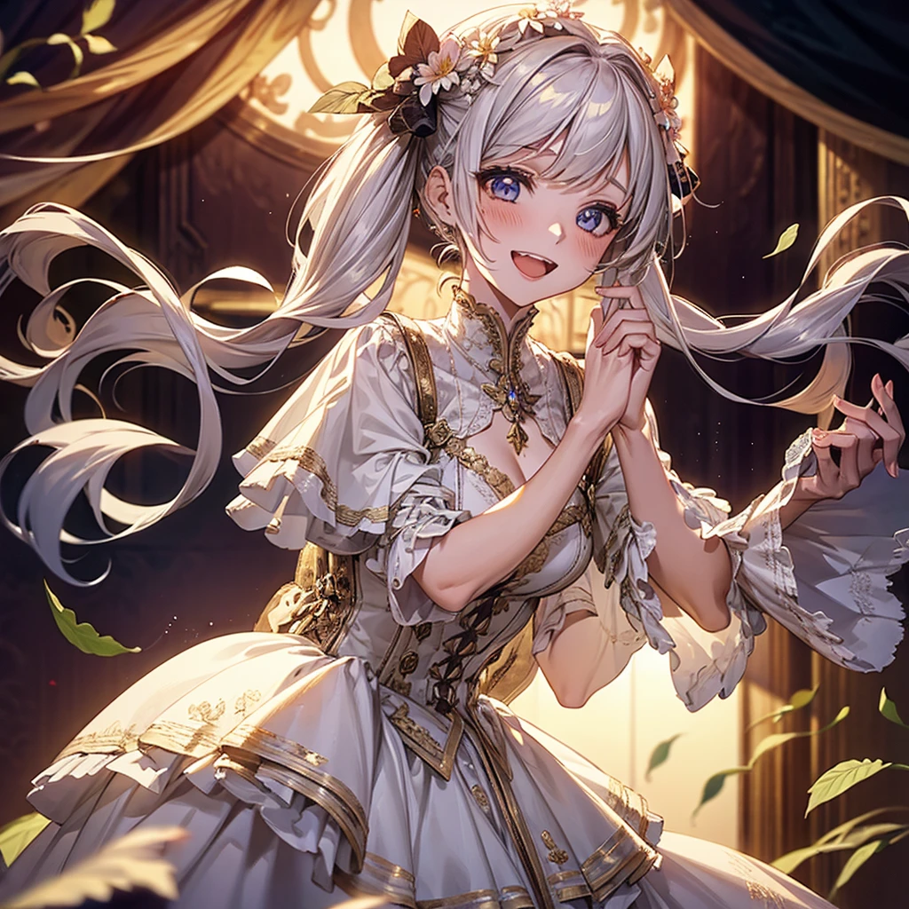 One girl, Beautiful Smile, Open Mouth Overview, flower, leaf, Grapevine, masterpiece, Best Quality, so beautiful, Absurd, up to date, Elaborate details, AI-generated, Elaborate，Twin tails, Very long hair, far and near method, 