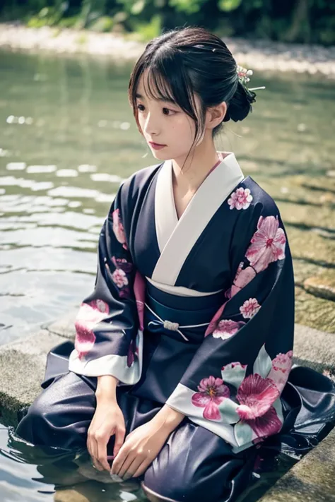 1 person、real、hakama、japanese、kimono、women、long-sleeved kimono、long hakama、clothes that stick to the skin、wet textured clothes、w...