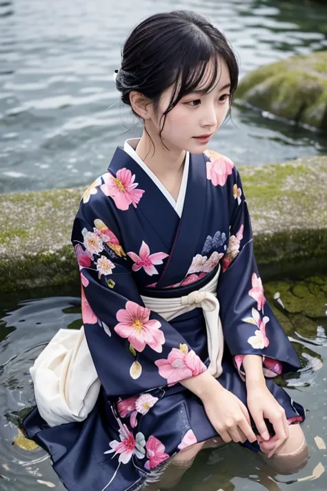 1 person、real、hakama、japanese、kimono、women、long-sleeved kimono、long hakama、clothes that stick to the skin、wet textured clothes、w...