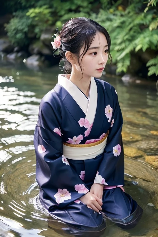 1 person、Real、Hakama、Japanese、kimono、Women、Long-sleeved kimono、long hakama、Clothes that stick to the skin、wet textured clothes、wet clothes 、floral kimono、soaking wet、in the water、swimming figure、underwater in the river、The whole body is immersed、wet clothes color、lie down