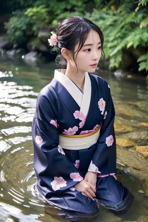 1 person、real、hakama、japanese、kimono、women、long-sleeved kimono、long hakama、clothes that stick to the skin、wet textured clothes、w...