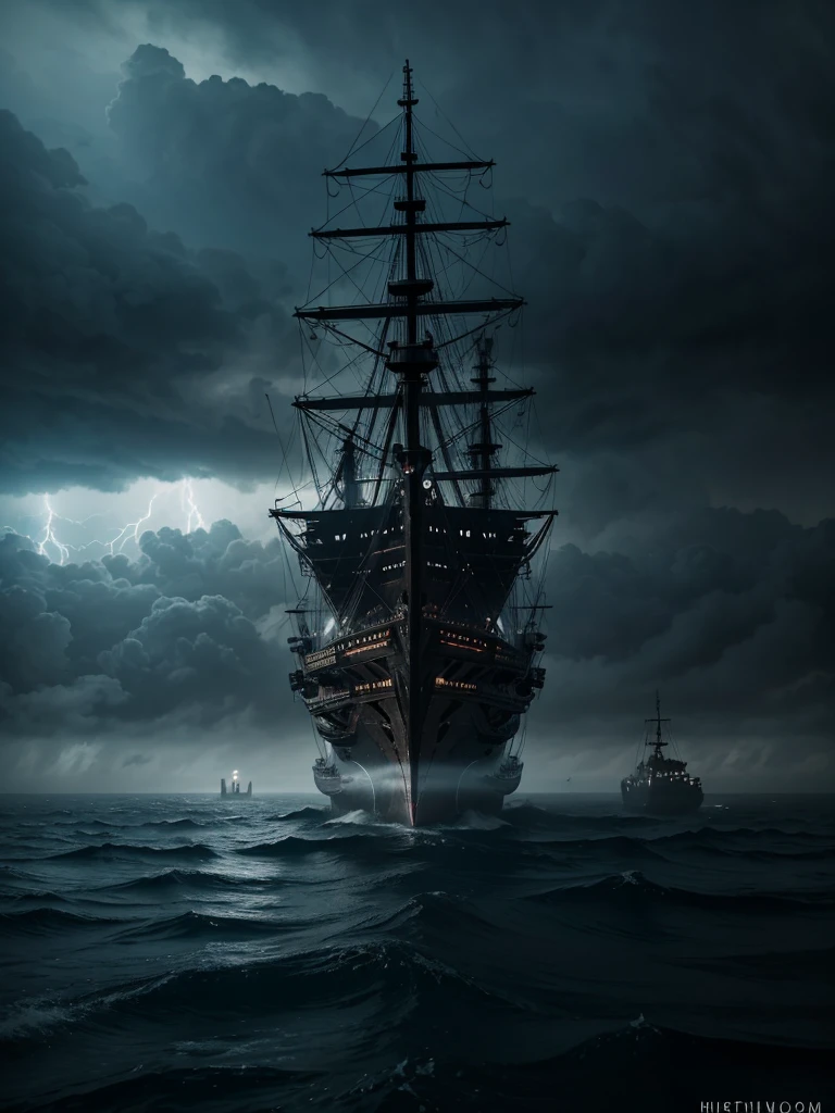 a sinister cyberpunk ghost ship, floating above the open sea, shrouded in dense fog amidst lightning, highly detailed, cinematic lighting, moody atmosphere, dramatic composition, photorealistic, 8k, HDR, hyper detailed