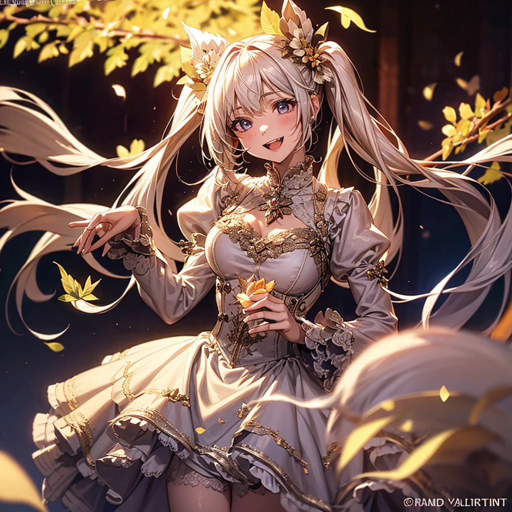 One girl, Beautiful Smile, Open Mouth Overview, flower, leaf, Grapevine, masterpiece, Best Quality, so beautiful, Absurd, up to date, Elaborate details, AI-generated, Elaborate，Twin tails, Very long hair, far and near method, Anatomically correct, Lens Flare, Background blur, 