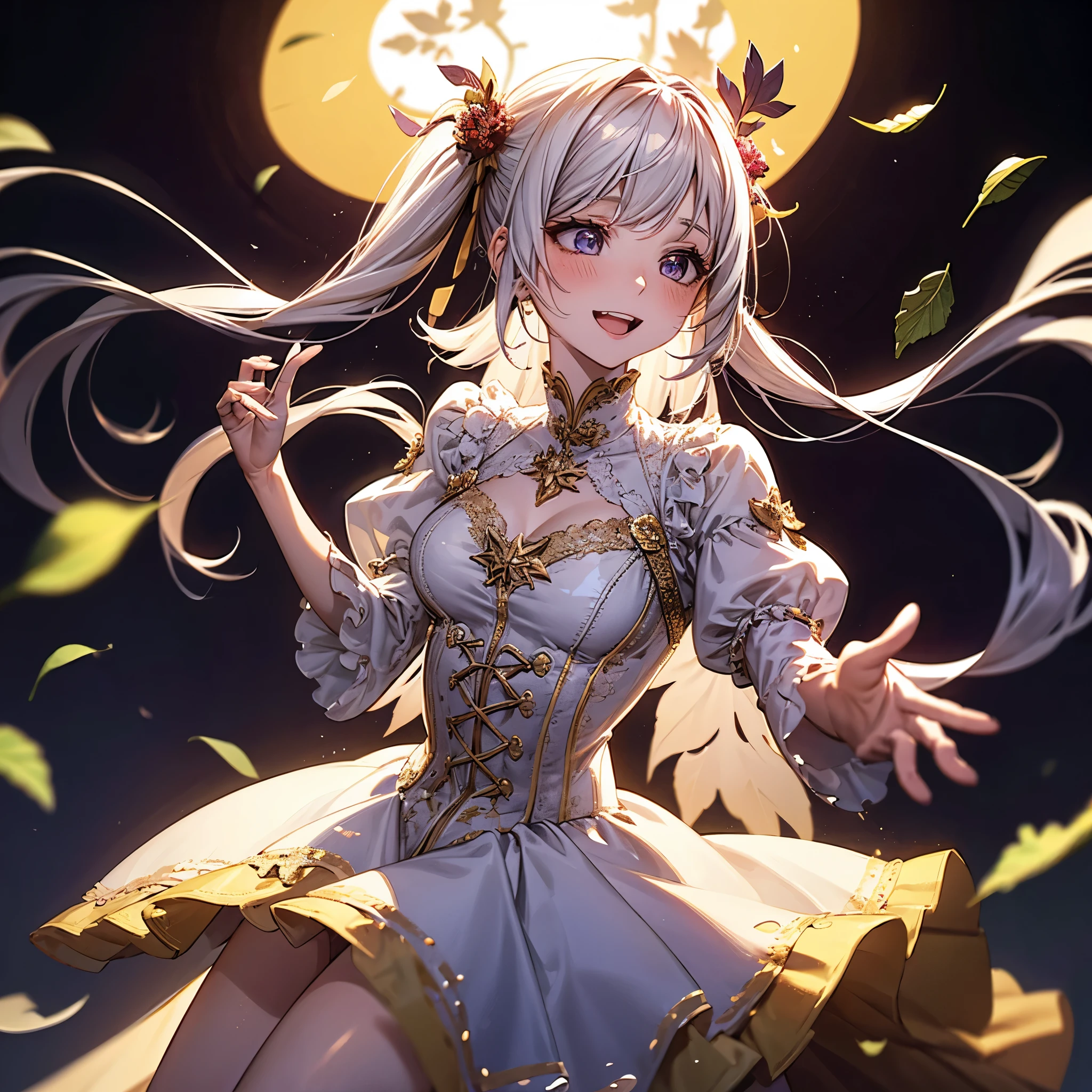 One girl, Beautiful Smile, Open Mouth Overview, flower, leaf, Grapevine, masterpiece, Best Quality, so beautiful, Absurd, up to date, Elaborate details, AI-generated, Elaborate，Twin tails, Very long hair, far and near method, Anatomically correct, Lens Flare, Background blur, 