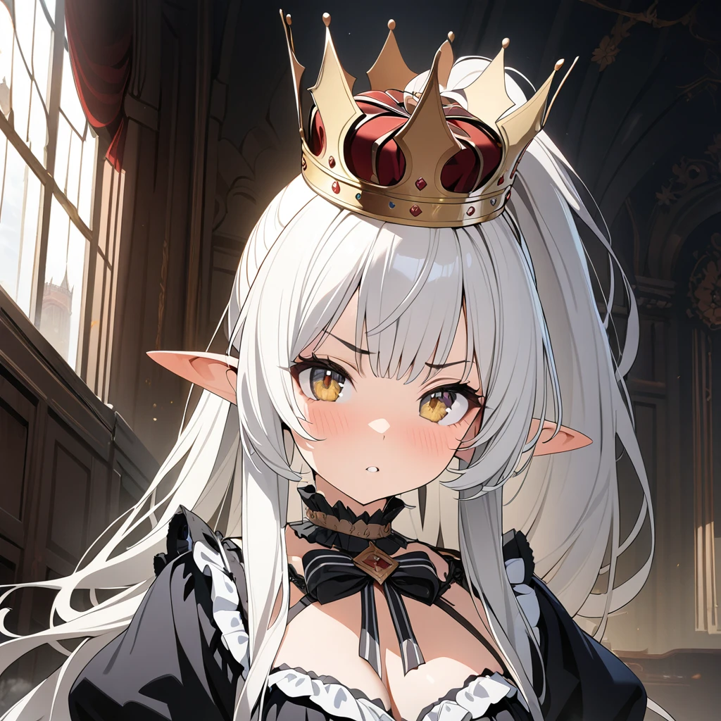 1 girl, High resolution,best quality, Golden Eye, anatomically correct, HD Model, high quality, Very detailed, long hair, High ponytail, white hair, Aho,  Proud, crown, BlackLolita,Pointed ears, Single, masterpiece, illustration, 8k Octagonal Rendering, 