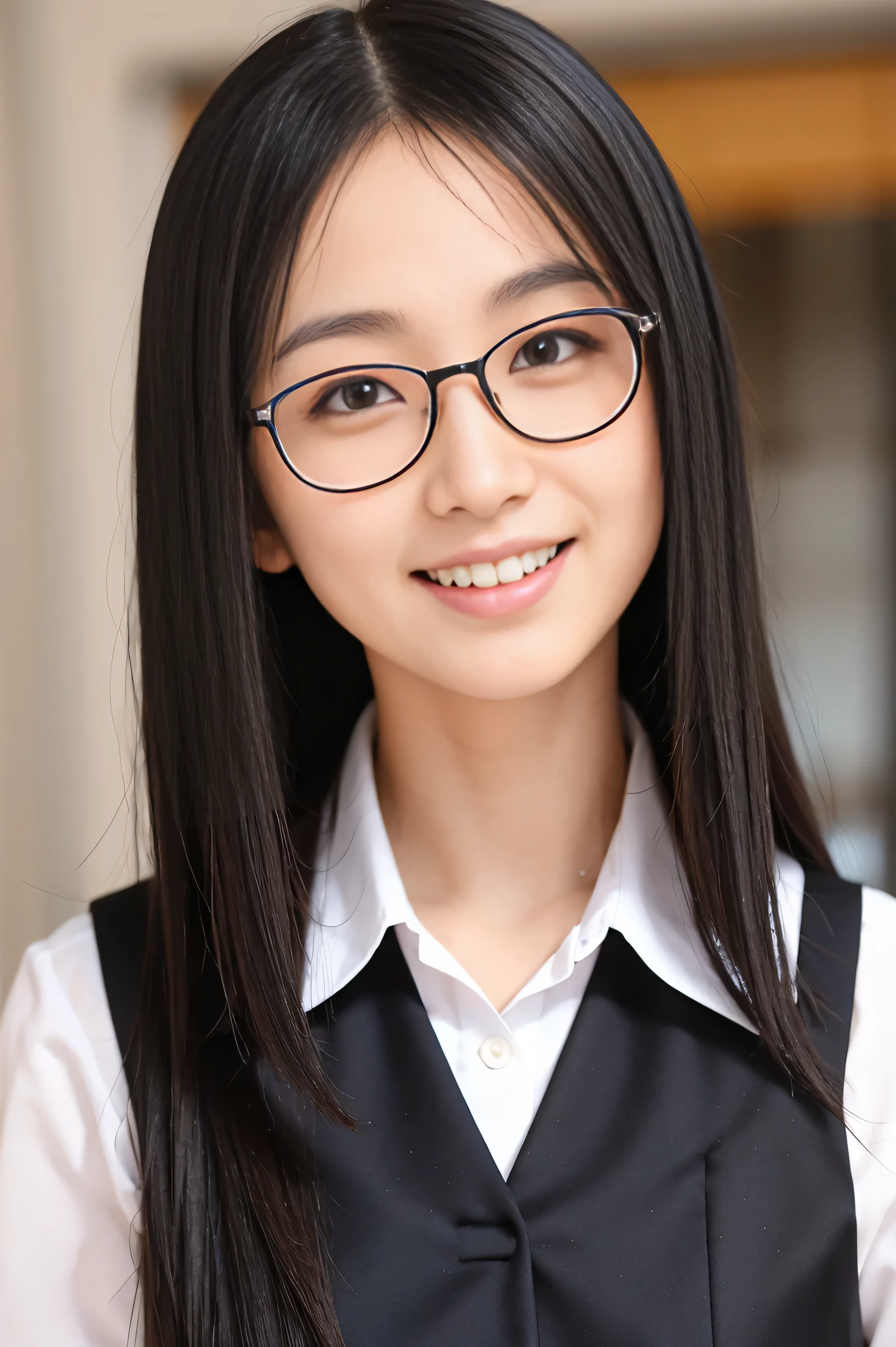 (Best Quality, Masterpiece: 1.1),, 1 girl, closeup, long straight hair,, black jumpsuit, smiling, wear spectacle 