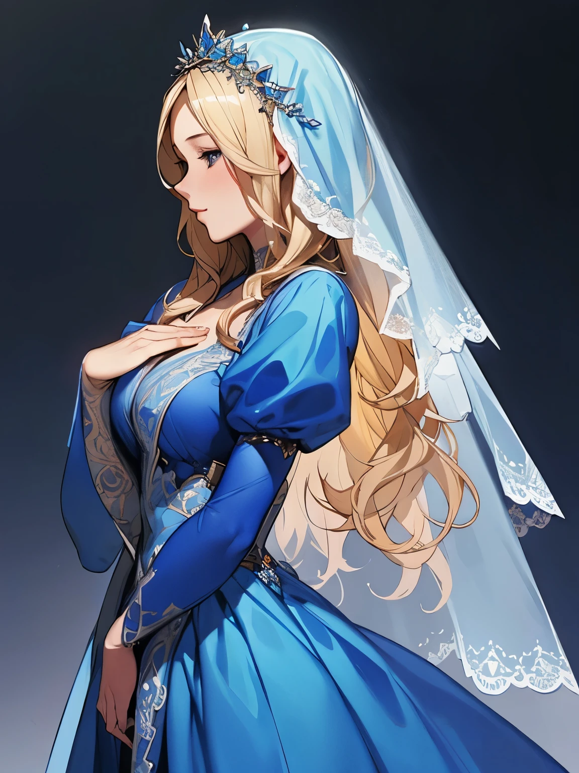 Wearing a blue dress and a veil、Blonde woman with a veil on her head, Beautiful fantasy maiden, Detailed fantasy art, Beautiful fantasy art, Blonde Princess, Art Station pixiv&#39;s artgerm, Beautiful maiden, ((Beautiful Fantasy Empress)), 2. 5d cgi anime fantasy artwork, Fantasy art style, Detailed digital anime art, Fantasy Art