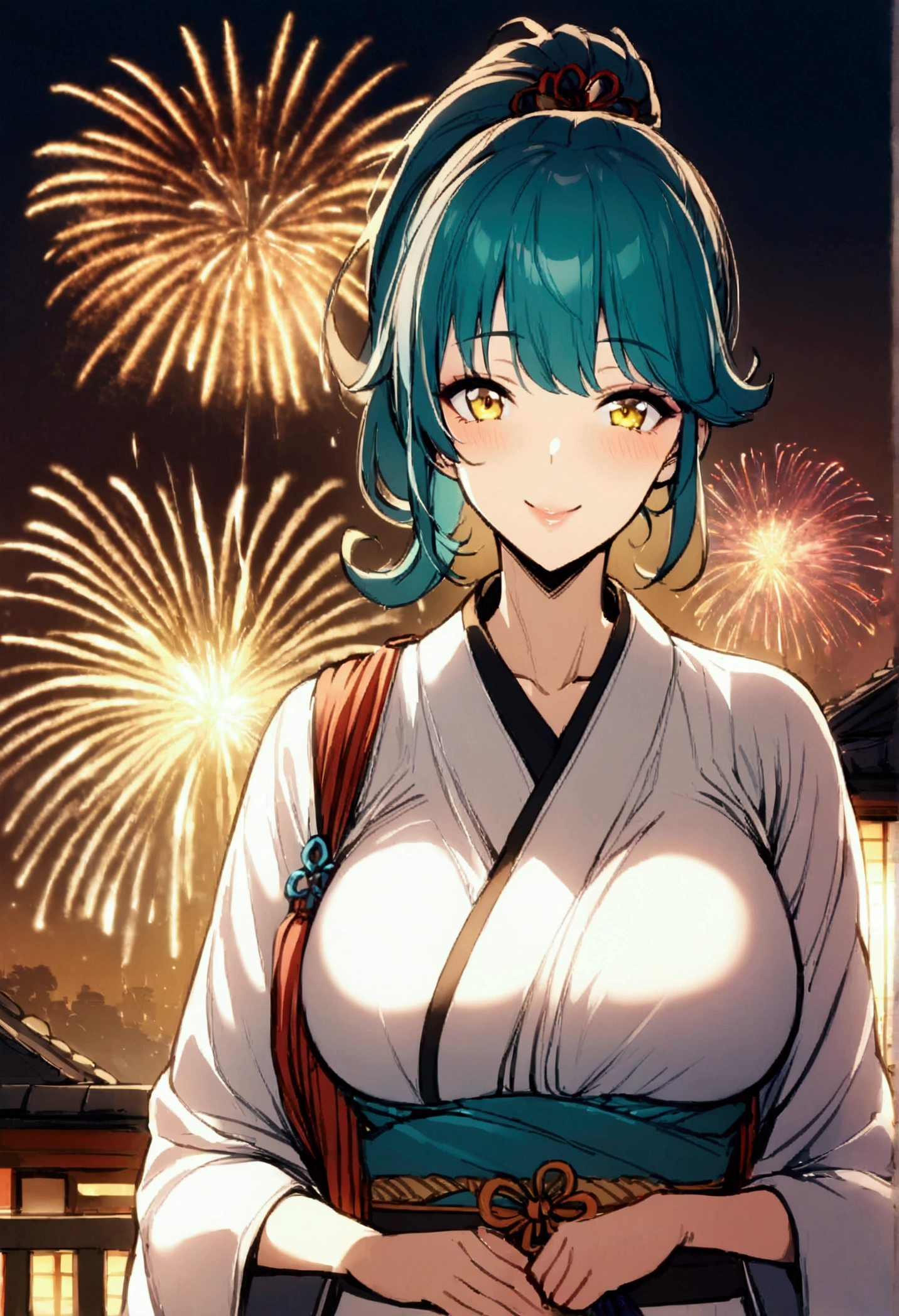 1 girl milf , solo , teal blue ponytail hair ,  yellow lihgt eyes , hot body , At a firework celebration in traditional Japanese dress on a building while fireworks are exploding in the sky, he looks at the viewer and smiles, his eyes are shining.