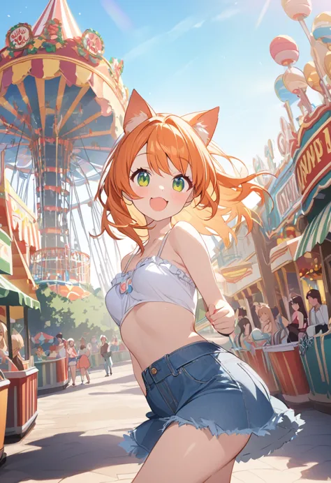 young girl、very cute、small、firm breasts、denim skirt、orange hair、high quality backgrounds、amusement park、cheerful attitude、cat ea...