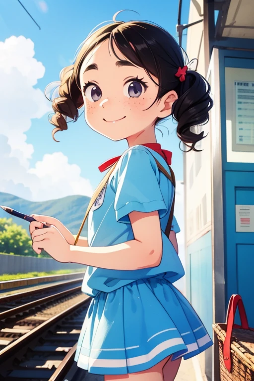 masterpiece，Best Quality，Cute doodles，Cheerful, Honor student，Young ，baby face，Very short stature，Flat Chest，Thin thighs，Curly Hair, Twin tail hair，Vibrant, Curious eyes，Freckles，Thick eyebrows，Open Fly，Waiting for the train in front of a small station，Jojo Fashion，smile，Red cheeks，A little embarrassing，Early Autumn，blue sky，Sardine cloud，bright，Low Angle，bright色，watercolor，Accurate and detailed female fingers，Petting a cat，