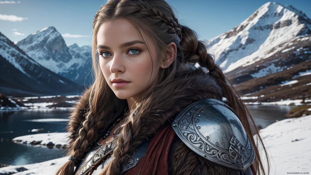 a beautiful viking woman, 1girl, detailed face, beautiful eyes, mesmerizing gaze, long hair, intricate braids, fur cloak, ornate armor, holding sword, on a snowy mountainous landscape, (best quality,4k,8k,highres,masterpiece:1.2),ultra-detailed,(realistic,photorealistic,photo-realistic:1.37),dramatic lighting,cinematic composition,fantasy,concept art