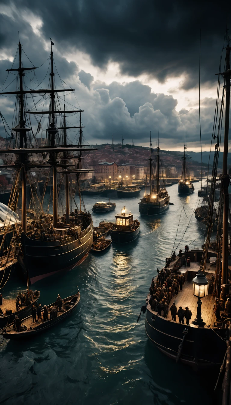 Draw a harbor scene with ships, arriving from the Black Sea, under ominous clouds, and sick crew members, lying on the decks, фон cinematic, hyperrealistic, ultra detailed hyperrealistic, Photorealistic, studio lighting, reflections, dynamic pose, cinematic, historical accuracy, color correction, photo, shot with 50mm lens, ultra wide angle, depth of field, hyper-detailed, beautiful color, 8 k