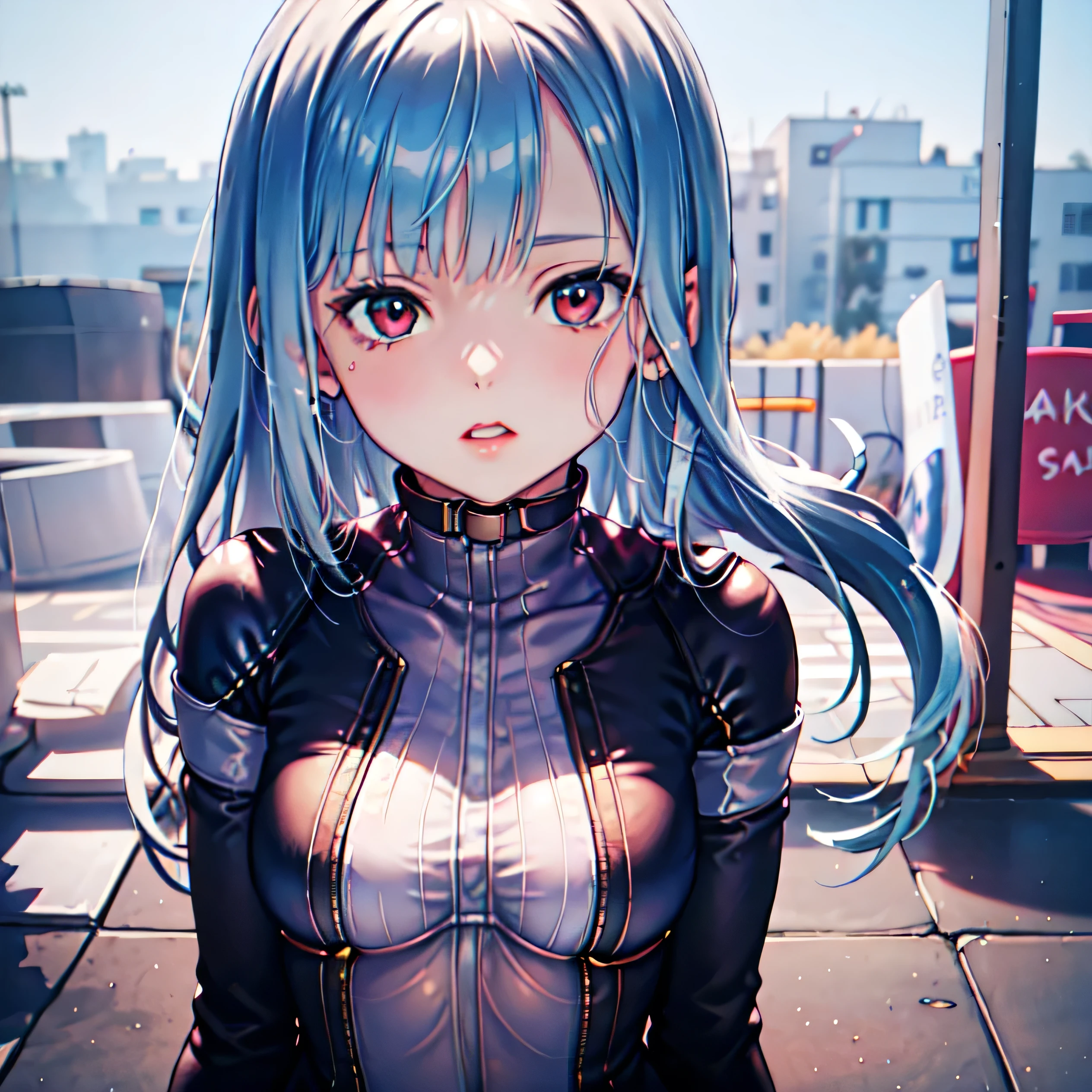 1 woman, The King of Fighters, Kula 다이아몬드, Kula, Kura, KOF, the king of fighters kula, kula diamond, medium chest,piercer, red eyes, 긴 Sky blue 머리,sky blue color hair,expressionless,cyberpunk,glowing line jacket,bodysuit,Mecha style prosthetic hand, 보라빛 bodysuit, Focus on face in tight clothing,face close up,from the side,looking at viewer, perfect face, (complete anatomy, anatomically correct), cute and symmetrical face, baby face, A face with beautiful details, beautiful details, beautiful collarbone, beautiful body, beautiful breasts, beautiful thighs, beautiful feet, beautiful fingers, cold chill, multi color gradient,Sky blue,blue,White,shiny, deep digital painting layer,soft ambient lighting,vivid colors,fluid watercolor technique, (absurd, inc빨간색ibly absurd, Add layer, panoramic view:1.2),Super cute, very beautiful,beautiful background,realistic background,realistic photo,Very detailed, slim, movie lights, girl, erotic mood, long straight hair, beautiful face, imouto,normal chest