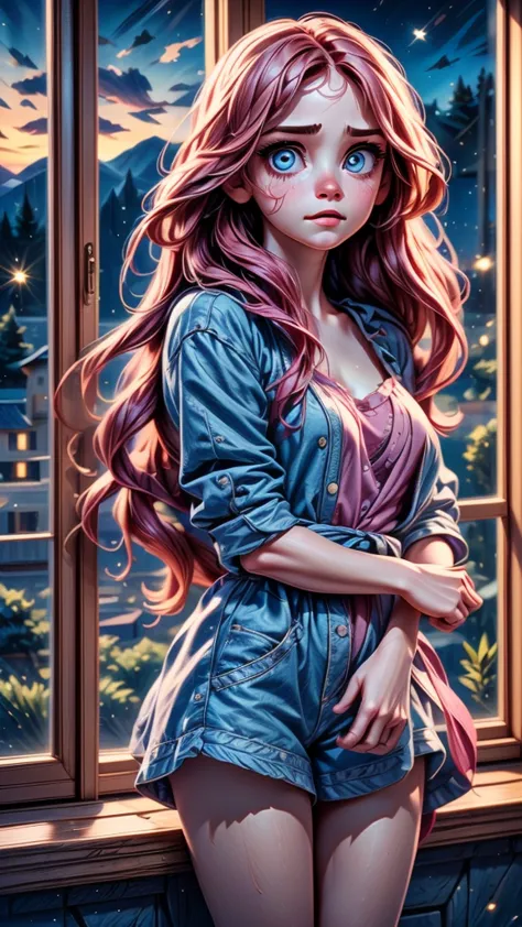 a sad girl standing at the window, beautiful countryside landscape outside the window, summer's end, detailed face and eyes, lon...