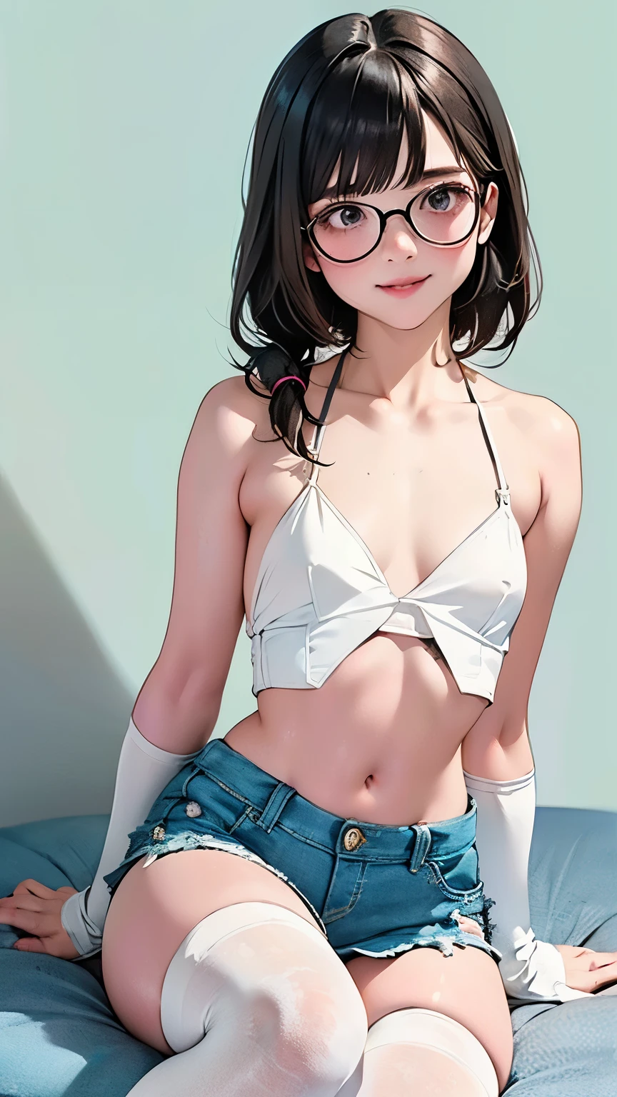 4K, masterpiece, 8k, high quality, 最high quality,A cute  student, Very white skin, Brown long hair，A little bit，Low length，freckle，Sparse eyebrows，Straight bangs，(flat chest) ，Feminization, tilt, elegant, elegant, cute, Smile, cute, , belly button, Denim low waist mini skirt, ((Black knee socks)), (Ugly clothes)、((Gray background))(masterpiece, best quality), 1 girl, Small Breasts, Smaller hips, Crop Top, Bikini shorts, bedroom, Striped knee socks, ,Breasts with pink nipples,Naked Room，，nude， Glasses,