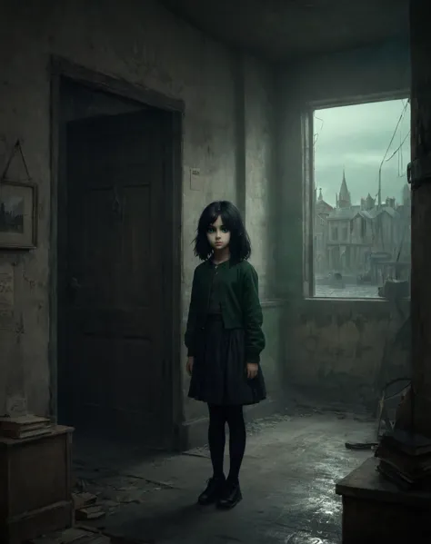 Night room, dark room, completely darkened room, tv on, dusky, grainy, eerie environment. creepypasta is a scary entity in the form of a Severus snape's daughter, ,Solo, 11 yo girl, green eyes, black hair ,with very big eyes, a very sad sad look, perfect eyes, the best quality. gritty urban street art, dark character. in the style of frank frazetta, aykut aydogdu, pino daeni, charlie bowett, albert joseph penaud, ray caesar, tetsuya ishida. zdzislaw beksinski.
