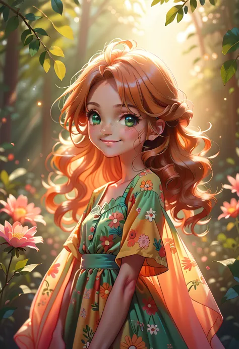 masterpiece portrait of a woman in montreal at dawn, long hair, cute orange curly hair, smile, green eyes, freckles, floral prin...