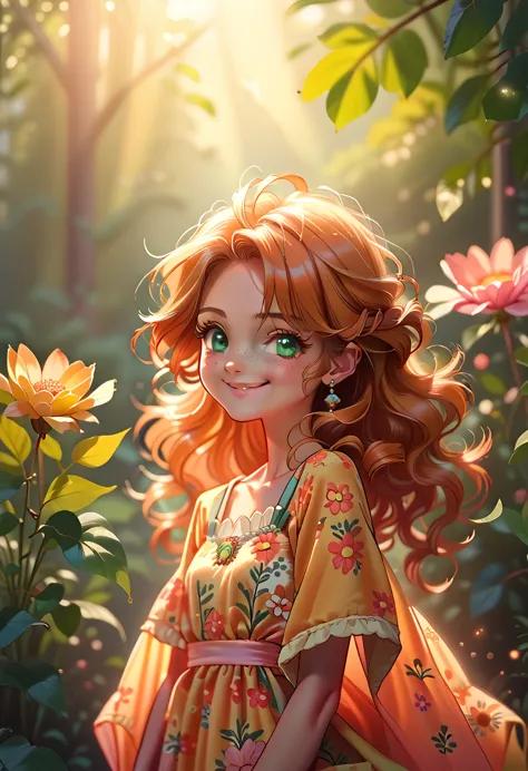 masterpiece portrait of a woman in montreal at dawn, long hair, cute orange curly hair, smile, green eyes, freckles, floral prin...