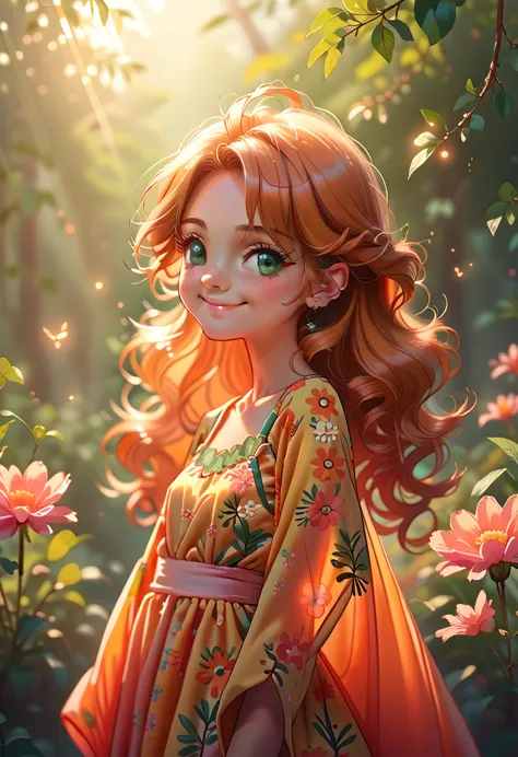 masterpiece portrait of a woman in montreal at dawn, long hair, cute orange curly hair, smile, green eyes, freckles, floral prin...