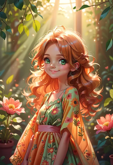 masterpiece portrait of a woman in montreal at dawn, long hair, cute orange curly hair, smile, green eyes, freckles, floral prin...