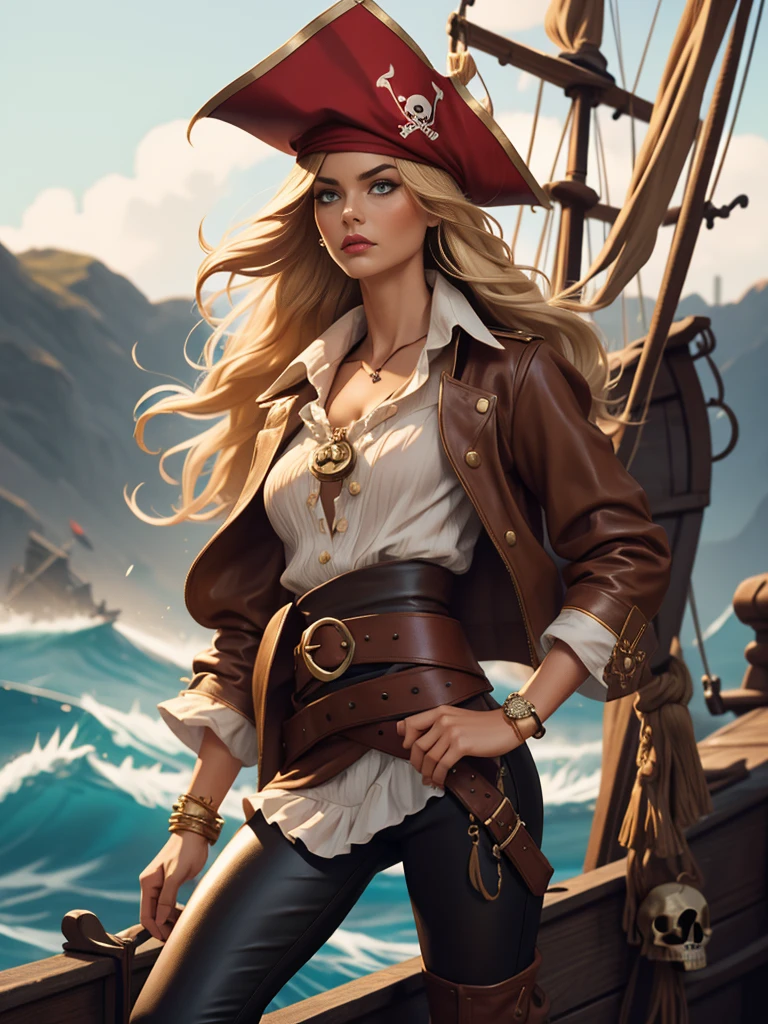 A powerful and captivating pirate woman standing on the deck of her ship, sailing through stormy seas. She has long wavy blonde hair., that moves with the sea wind. His striking face, with makeup that highlights her determined expression, shows intense red lips and dark, captivating eyes. He wears a traditional pirate tricorn hat adorned with a skull emblem., and a fitted jacket with gold details over a white ruffled blouse with a low neckline, that enhances his confident and dominant presence.

His outfit is a mix of pirate rudeness and elegance.: Dark leather pants adorned with belts, buckles and a crimson sash tied around the waist, which also has a skull decoration. He carries a sword at his side, with one hand holding the handle, ready for action. The deck behind her is detailed with the ship&#39;s black sails., which also feature a skull and crossbones motif, waving strongly in the wind, as turbulent ocean waves crash around, creating an epic and adventurous atmosphere.
