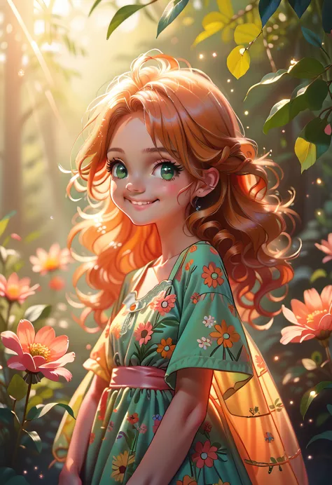 masterpiece portrait of a woman in montreal at dawn, long hair, cute orange curly hair, smile, green eyes, freckles, floral prin...