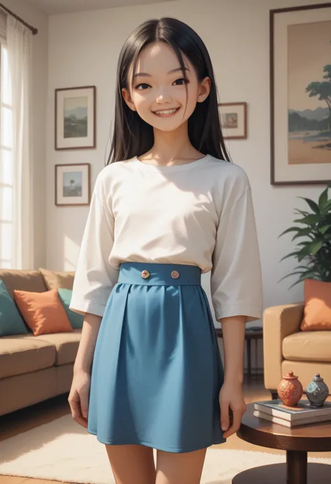 (drama,asian,imagem sem fundo:1.1)black hair,long hair,straight hair,middle part,forehead,flat chest,white shirt,blue skirt,smil...