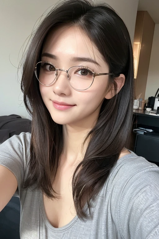 ((masterpiece, Best Quality, Illustration, Ultra-detailed, finely detail, hight resolution, 32K Wallpaper, Perfect dynamic composition,)), Japanese cute mature,incredibly detailed face, incredibly detailed beautiful and small downtuned cut eyes,(wide and thin lips),upward glance,glasses,tall hooked nose,(wide oval face shape),(Natural looking makeup),,bed,dusky room,moody lights,(unkempt lob hair),gray loungewear,((selfie)),(smile),((Realistic)), ((photo Realistic)),