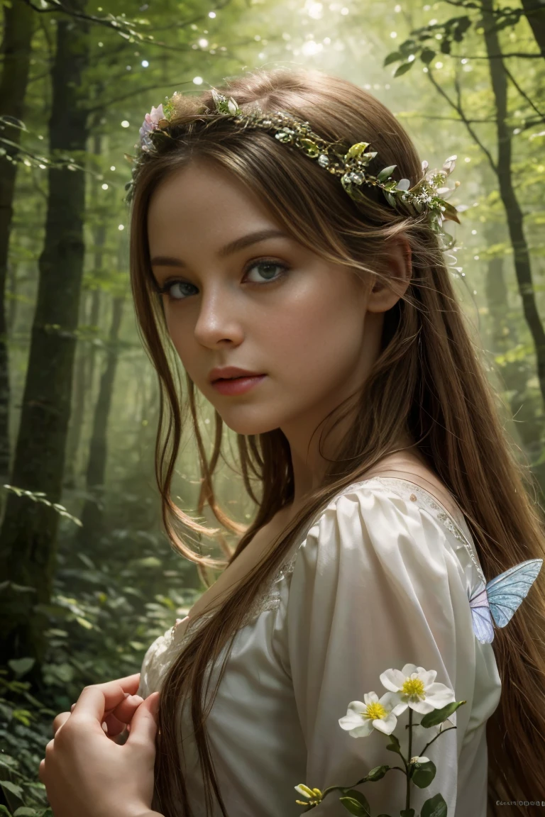 a beautiful forest fairy, 1girl, beautiful detailed eyes, beautiful detailed lips, extremely detailed face and features, delicate fairy wings, ethereal forest background, sunlight filtering through trees, lush green foliage, colorful wildflowers, (best quality, 4k, 8k, highres, masterpiece:1.2), ultra-detailed, (realistic, photorealistic, photo-realistic:1.37), cinematic lighting, warm color tones, magical atmosphere, fantasy art