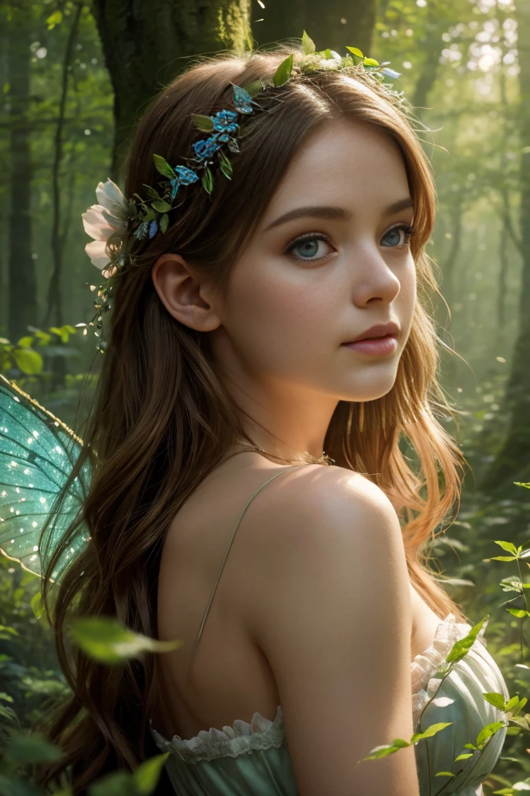 a beautiful forest fairy, 1girl, beautiful detailed eyes, beautiful detailed lips, extremely detailed face and features, delicate fairy wings, ethereal forest background, sunlight filtering through trees, lush green foliage, colorful wildflowers, (best quality, 4k, 8k, highres, masterpiece:1.2), ultra-detailed, (realistic, photorealistic, photo-realistic:1.37), cinematic lighting, warm color tones, magical atmosphere, fantasy art