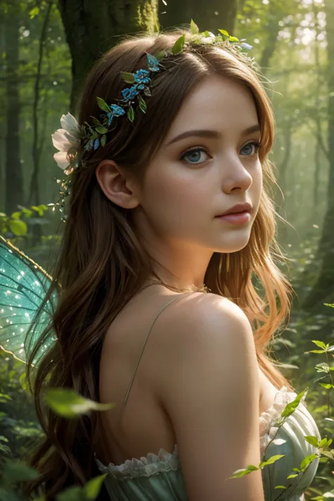 a beautiful forest fairy, 1girl, beautiful detailed eyes, beautiful detailed lips, extremely detailed face and features, delicat...