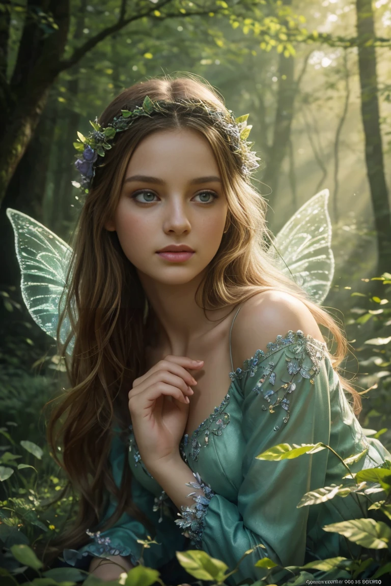 a beautiful forest fairy, 1girl, beautiful detailed eyes, beautiful detailed lips, extremely detailed face and features, delicate fairy wings, ethereal forest background, sunlight filtering through trees, lush green foliage, colorful wildflowers, (best quality, 4k, 8k, highres, masterpiece:1.2), ultra-detailed, (realistic, photorealistic, photo-realistic:1.37), cinematic lighting, warm color tones, magical atmosphere, fantasy art