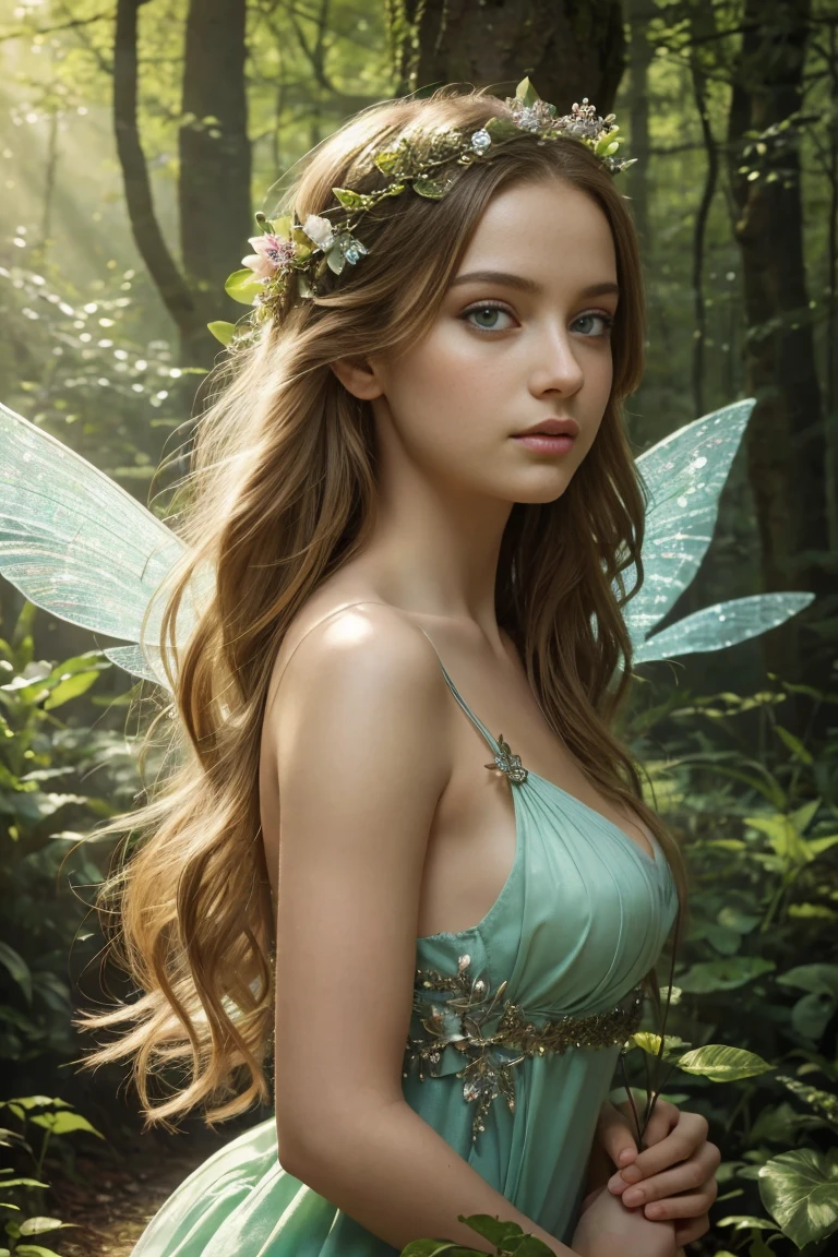 a beautiful forest fairy, 1girl, beautiful detailed eyes, beautiful detailed lips, extremely detailed face and features, delicate fairy wings, ethereal forest background, sunlight filtering through trees, lush green foliage, colorful wildflowers, (best quality, 4k, 8k, highres, masterpiece:1.2), ultra-detailed, (realistic, photorealistic, photo-realistic:1.37), cinematic lighting, warm color tones, magical atmosphere, fantasy art