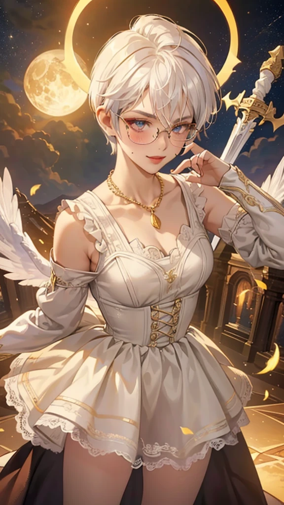 8k, masterpiece, best quality, highly detailed, 1 girl, tiefling, paladin, devil horns, pixie cut, multicolored hair, very short straight hair red highlight hair on white hair, strippled hair, wearing glasses, round glasses, earrings, red eyeshadow, long eyelashes, blushed cheek, red lips, pearl necklace, rings, collarbone, mole on face, glamorous, white and gold clothes, sleeveless, laced dress, miniskirt, smirk, close up view, rings, looking at viewer, solo, holding sword, sword point to the sky, starry sky, radiant gold moon, standing, golden halo, white lace gloves, heavenly scene, halo, holy palace in background.