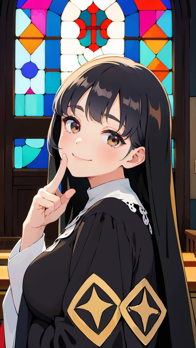 score_9, score_8_up, score_7_up, score_6_up, backlighting, light rays, 1girl, adult woman, nun, black hair, long hair, brown eyes, Pretty Face, happy face, light smile,fingersmile, finger to mouth, looking at viewer, (background : stained glass, church, arch), dutch shot, Shooting up close, Shooting from the person, Shooting from the side,