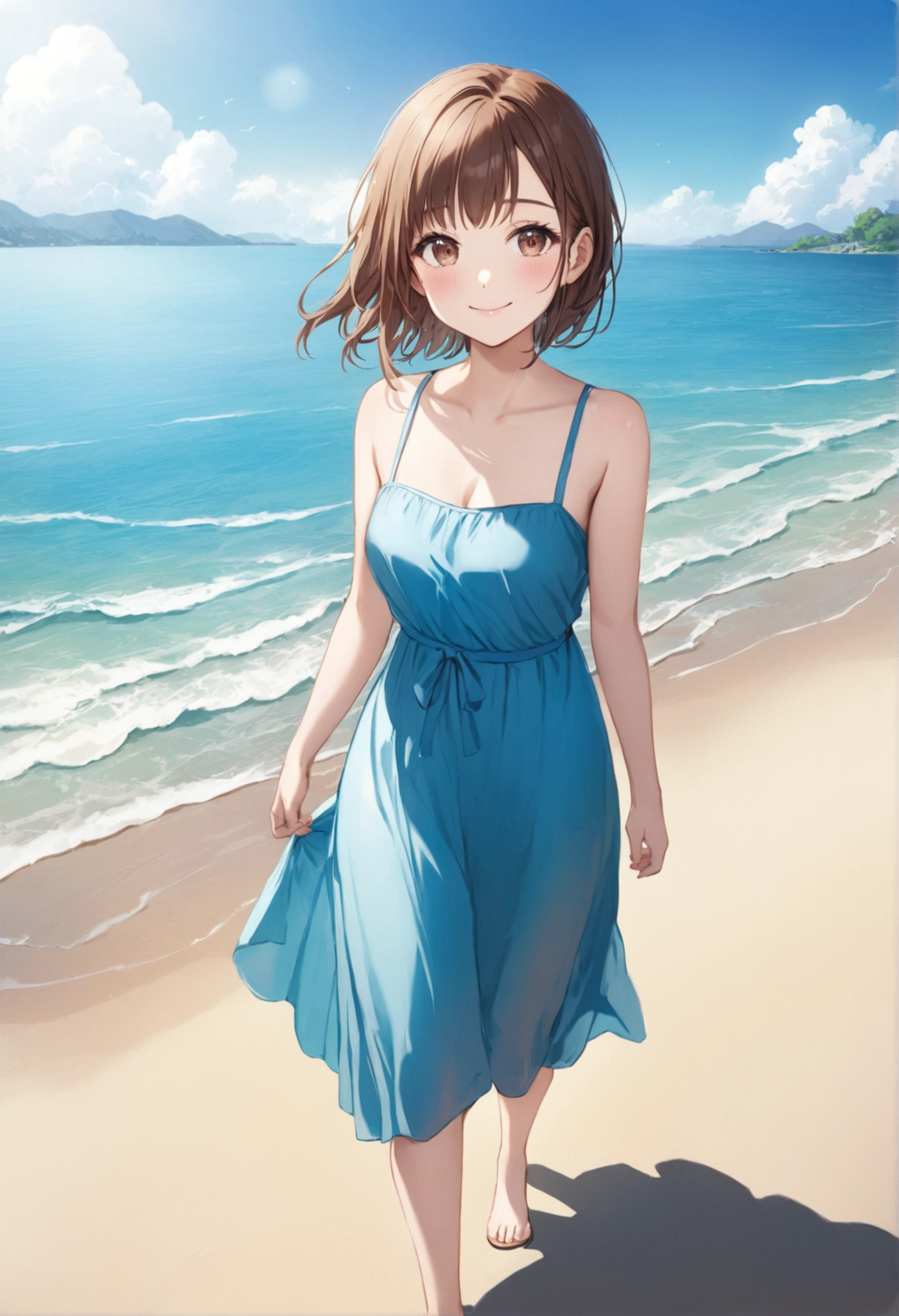 8k Photorealistic Full Body Wide Angle 1. Japanese Teenager, , cheerful 1.1 Beautiful face, cute, fresh, high resolution 1.2 Brown eyes, big, sparkling, high resolution 1.3 Tall, good figure, long brown hair 1.4 Bright, beautiful, charming smile Wearing a long blue dress, walking by the sea Clear water, beautiful view Good atmosphere, clear sky, summer